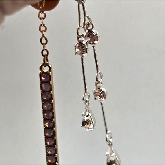 "5/$25" Pair of Mismatched Long Gold and Silvertone Rhinestone Dangle Earrings - Picture 4 of 7
